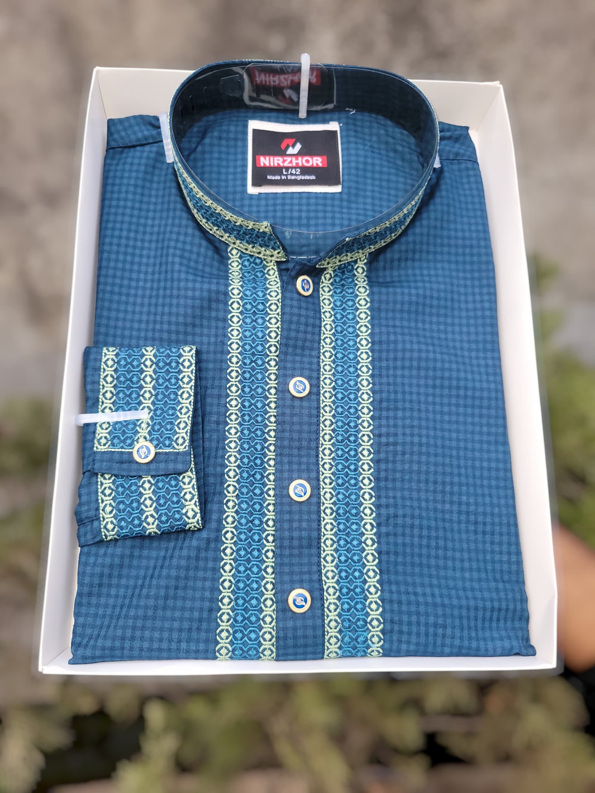 Nirzhor Premium Teal Blue Embroidery Panjabi for Men — Nirzhor