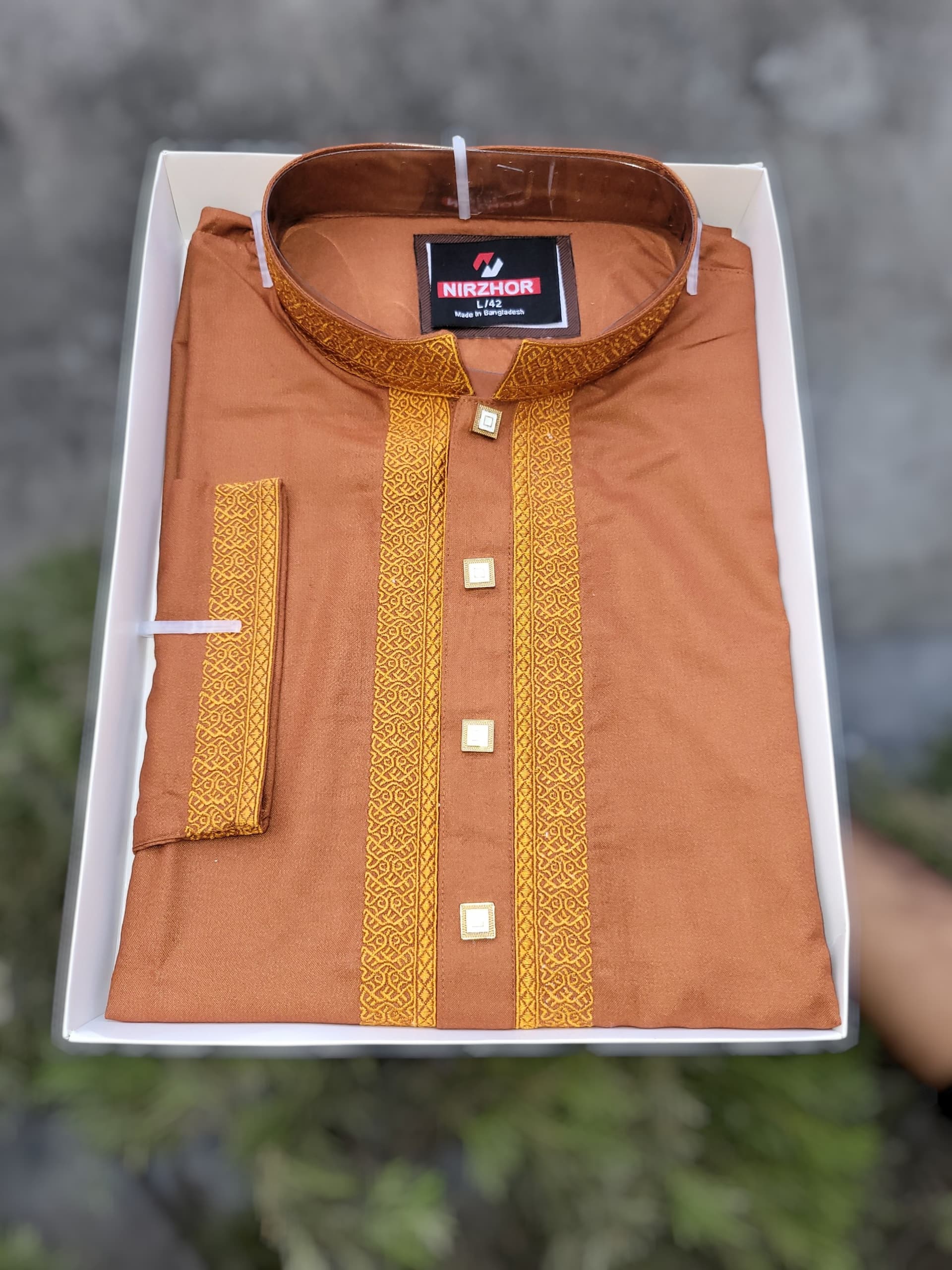 Nirzhor Premium Brown Golden Embroidery Panjabi for Men — Nirzhor